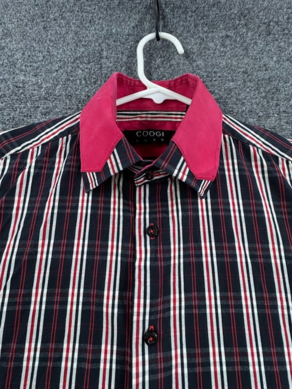 Coogi Point Plaid Mens Large Contrast Collar Logo Black Shirt Cotton Long Sleeve